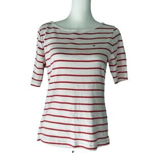 Women's Tommy Hilfiger White and Pink Short Sleeve Top Medium